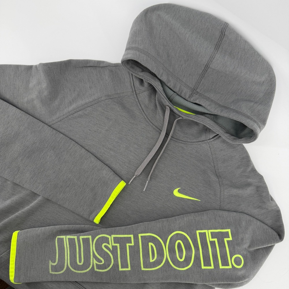 Nike Dri-FIT Pullover Hoodie Mens L Grey Neon Green Just Do It Running Gym Train